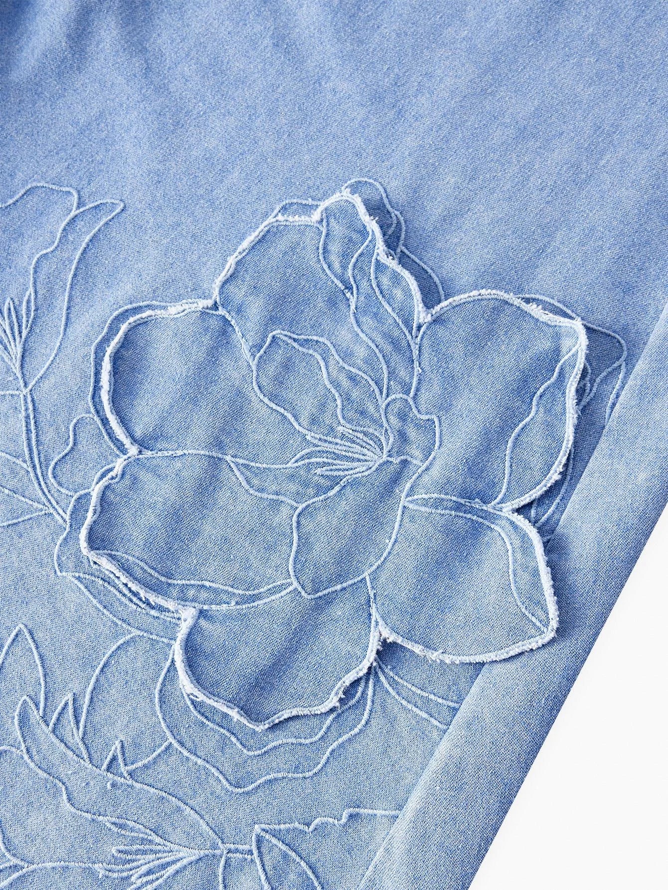 PREMIUM EMBROIDERY APPLIQUES BELTED DENIM DRESS