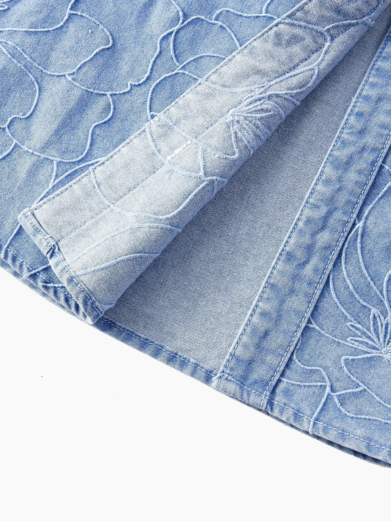 PREMIUM EMBROIDERY APPLIQUES BELTED DENIM DRESS