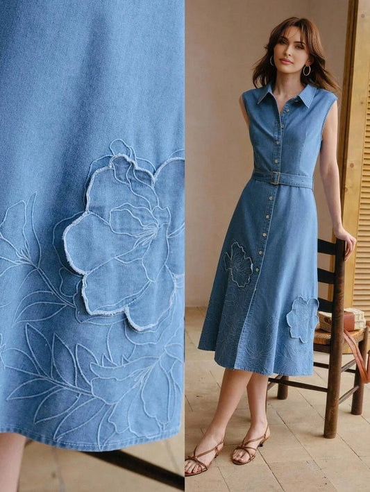 PREMIUM EMBROIDERY APPLIQUES BELTED DENIM DRESS