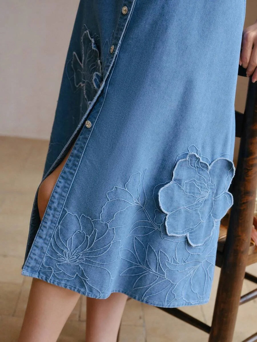 PREMIUM EMBROIDERY APPLIQUES BELTED DENIM DRESS