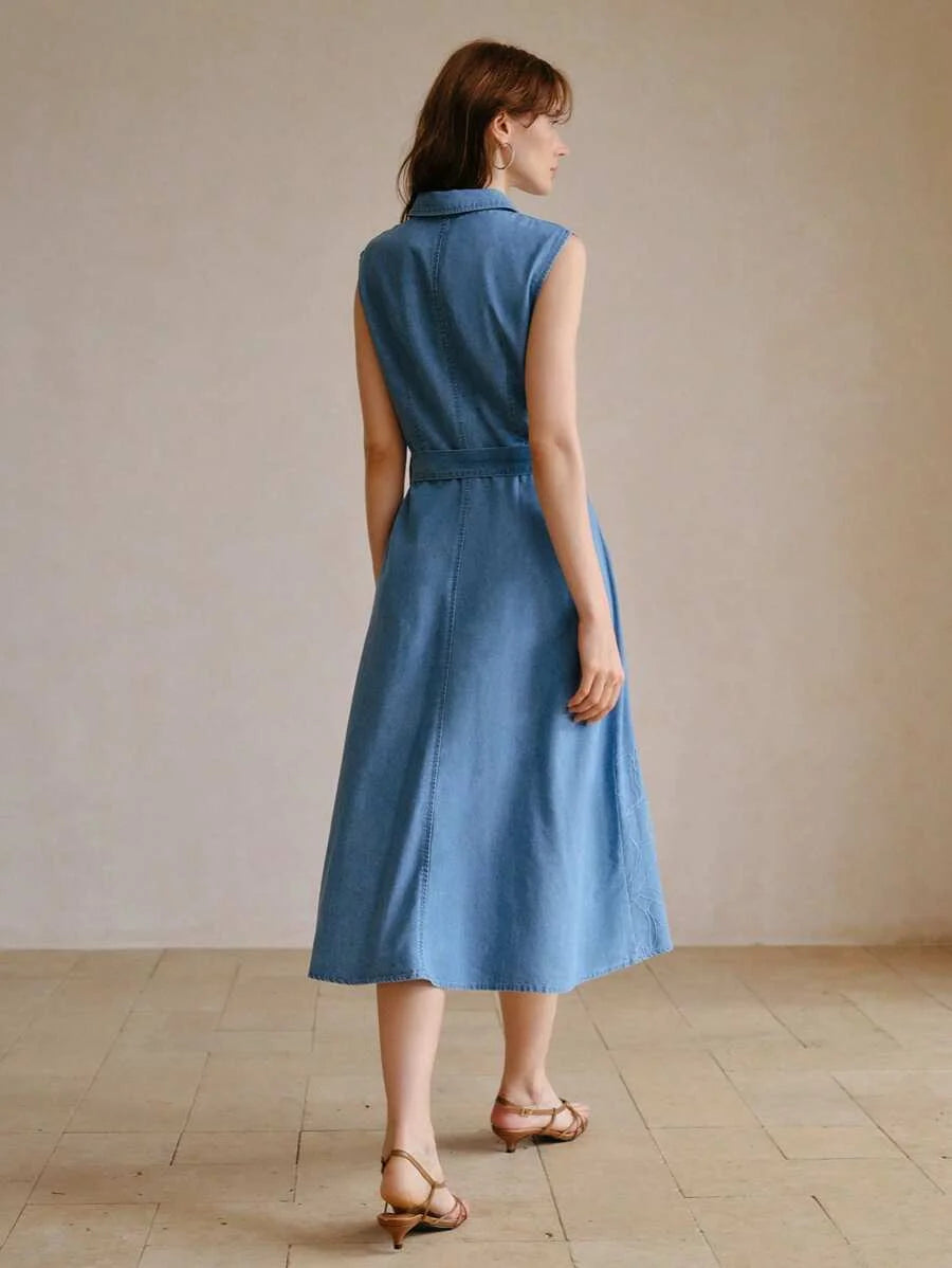 PREMIUM EMBROIDERY APPLIQUES BELTED DENIM DRESS