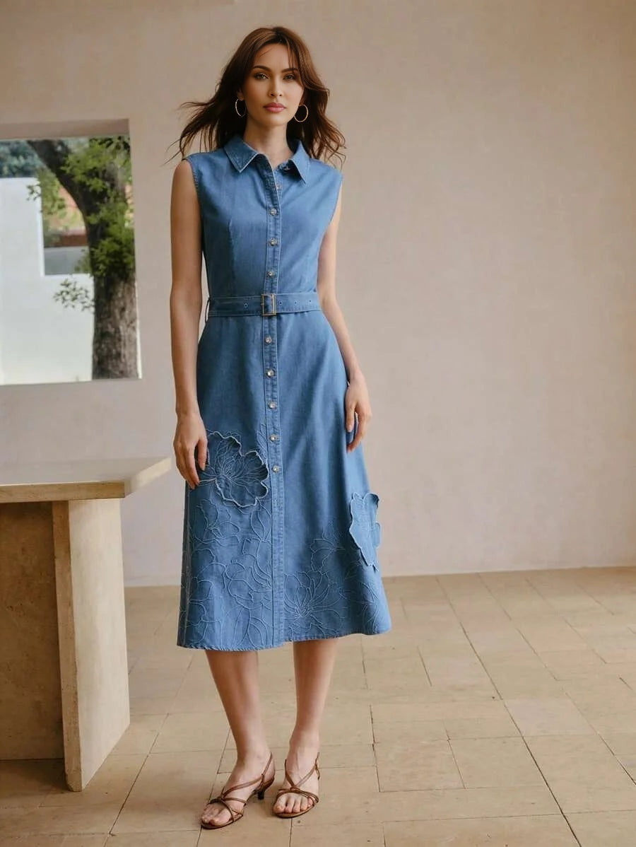 PREMIUM EMBROIDERY APPLIQUES BELTED DENIM DRESS
