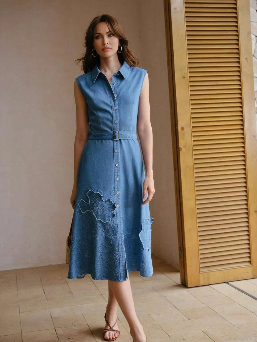 PREMIUM EMBROIDERY APPLIQUES BELTED DENIM DRESS
