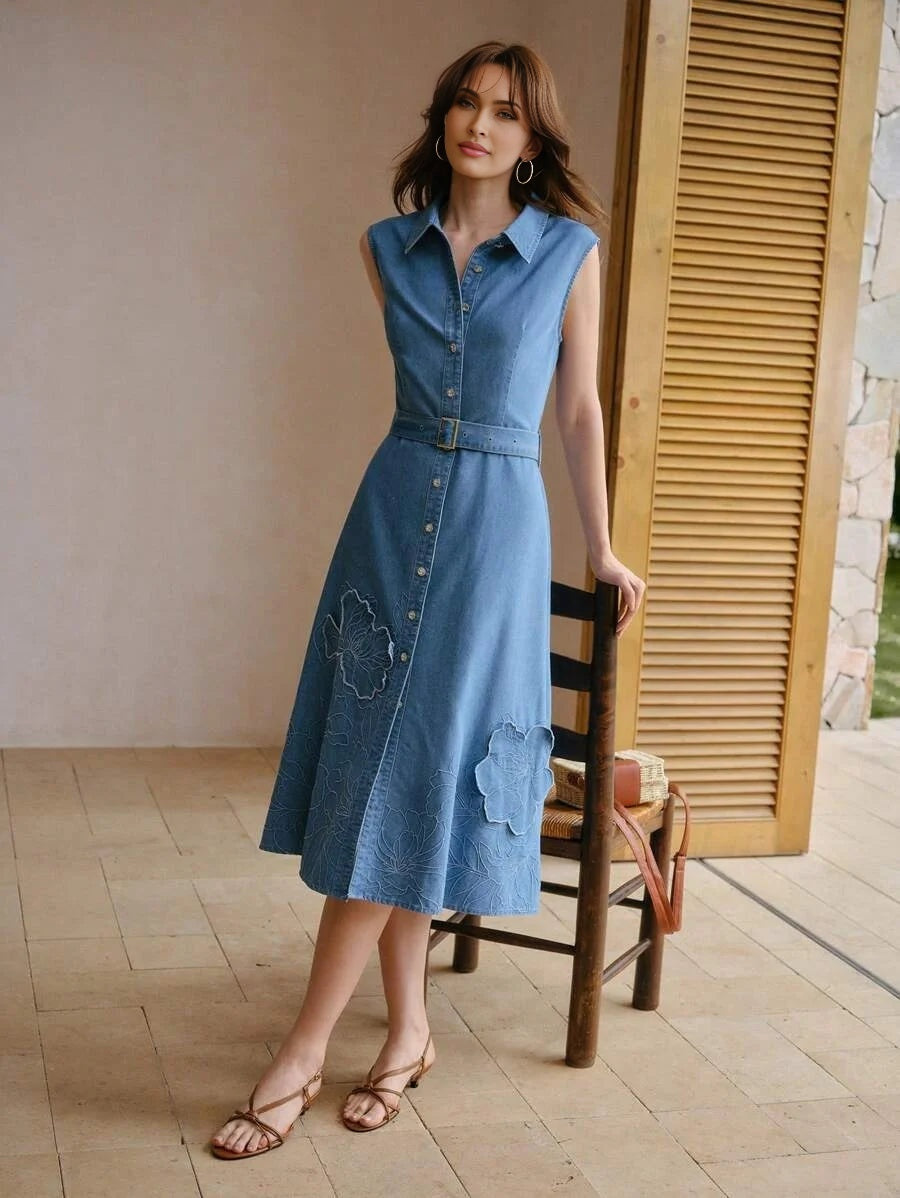 PREMIUM EMBROIDERY APPLIQUES BELTED DENIM DRESS