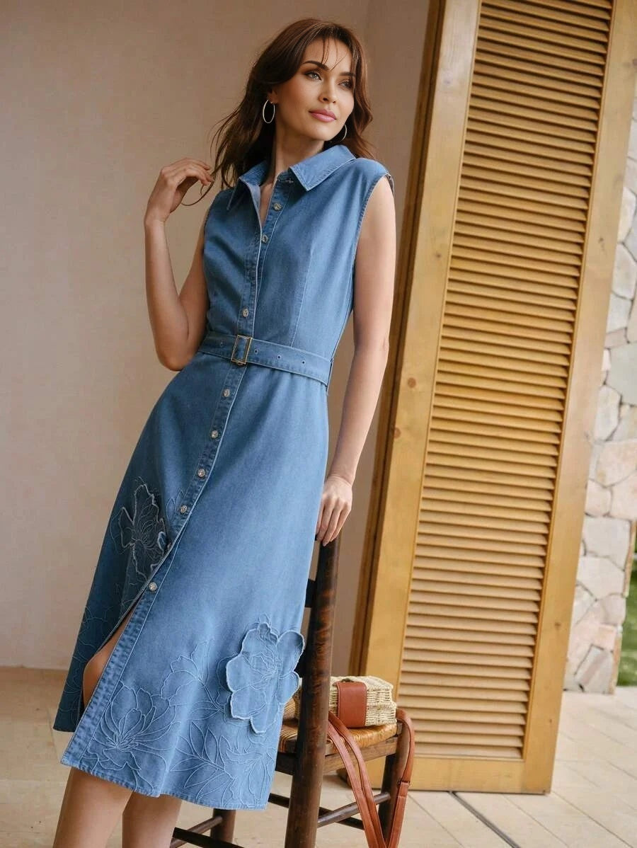 PREMIUM EMBROIDERY APPLIQUES BELTED DENIM DRESS