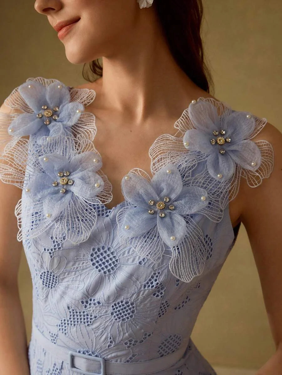 PREMIUM EMBROIDERY APPLIQUES DETAIL BELTED DRESS