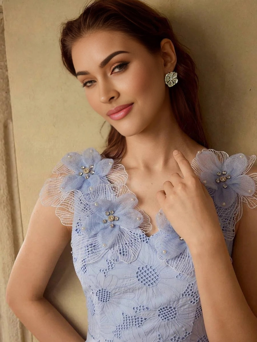 PREMIUM EMBROIDERY APPLIQUES DETAIL BELTED DRESS