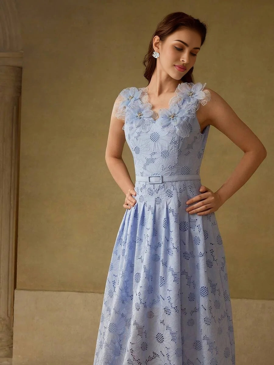 PREMIUM EMBROIDERY APPLIQUES DETAIL BELTED DRESS