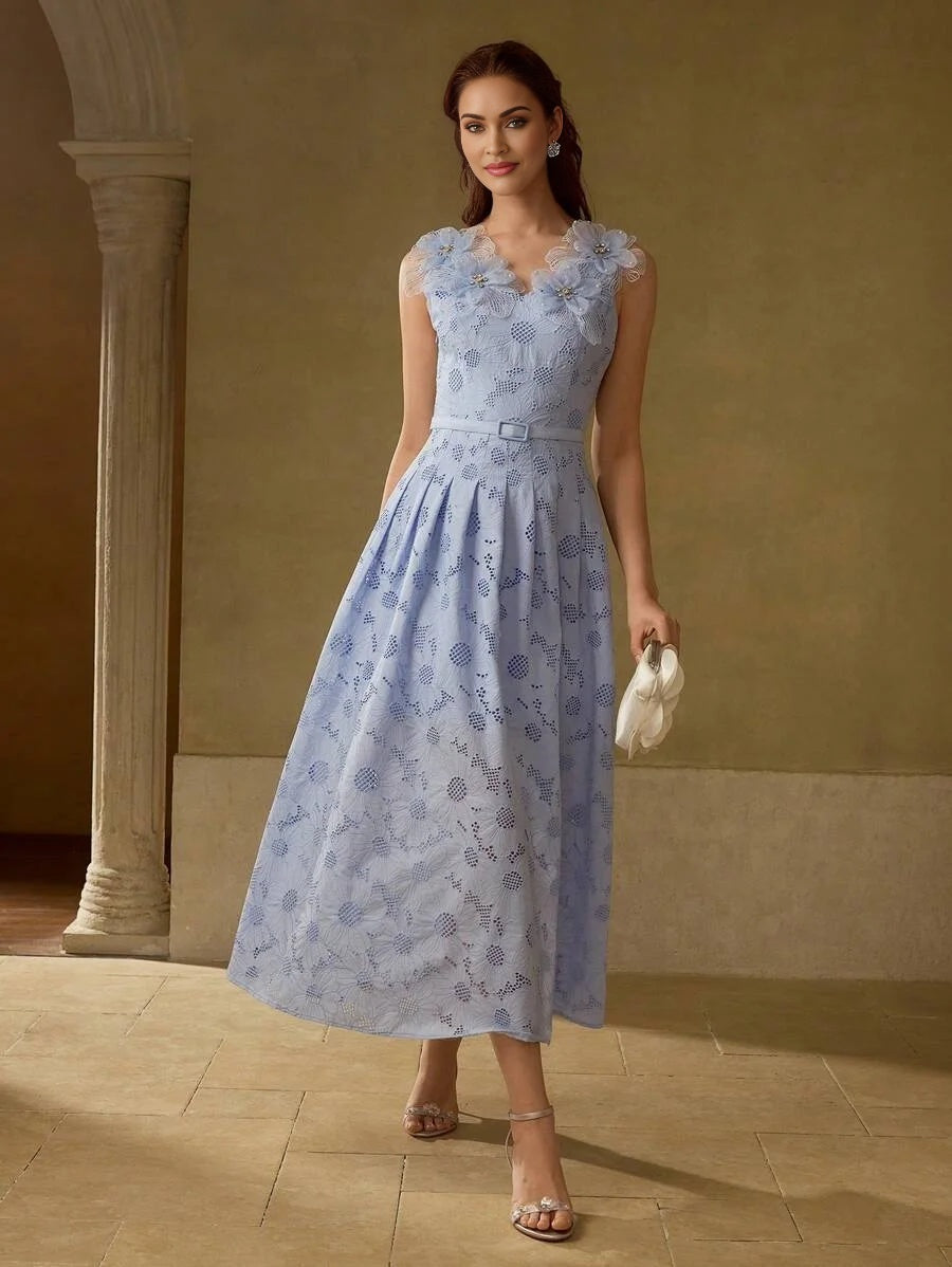 PREMIUM EMBROIDERY APPLIQUES DETAIL BELTED DRESS