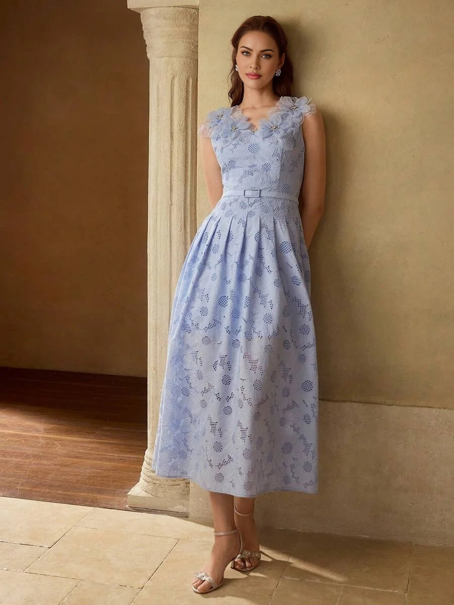 PREMIUM EMBROIDERY APPLIQUES DETAIL BELTED DRESS