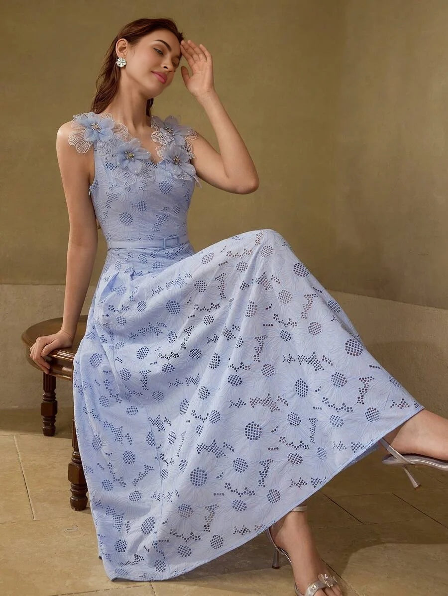 PREMIUM EMBROIDERY APPLIQUES DETAIL BELTED DRESS