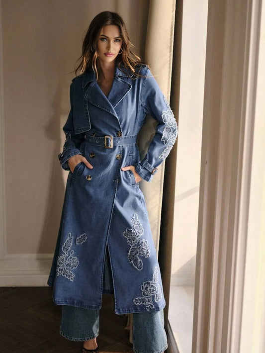 PREMIUM EMBROIDERY BELTED DENIM COAT