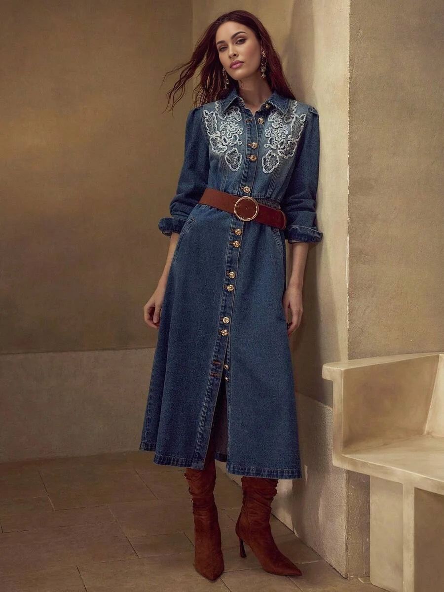PREMIUM EMBROIDERY BUTTON UP SHIRRED WAIST DENIM SHIRT DRESS WITHOUT BELT FOR AUTUMN amp WINTER