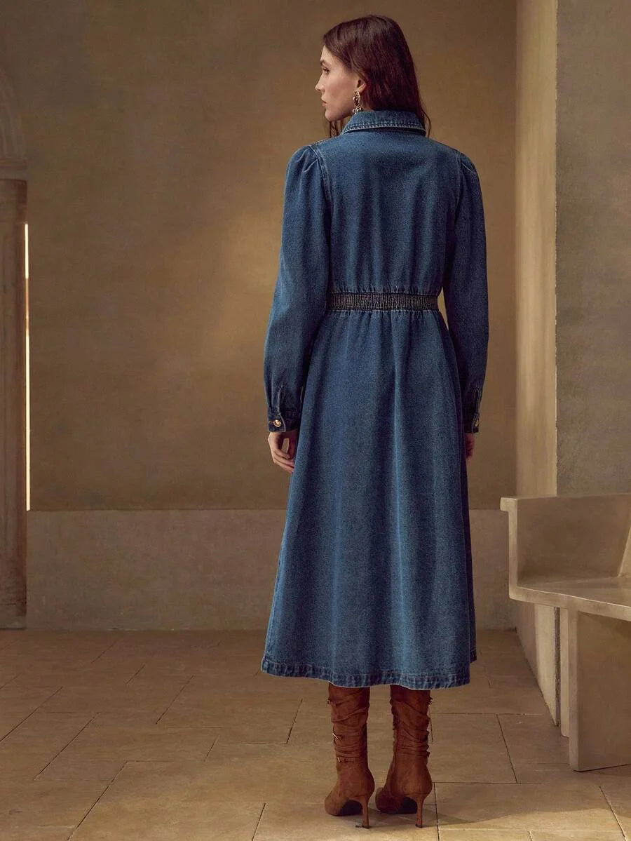 PREMIUM EMBROIDERY BUTTON UP SHIRRED WAIST DENIM SHIRT DRESS WITHOUT BELT FOR AUTUMN amp WINTER