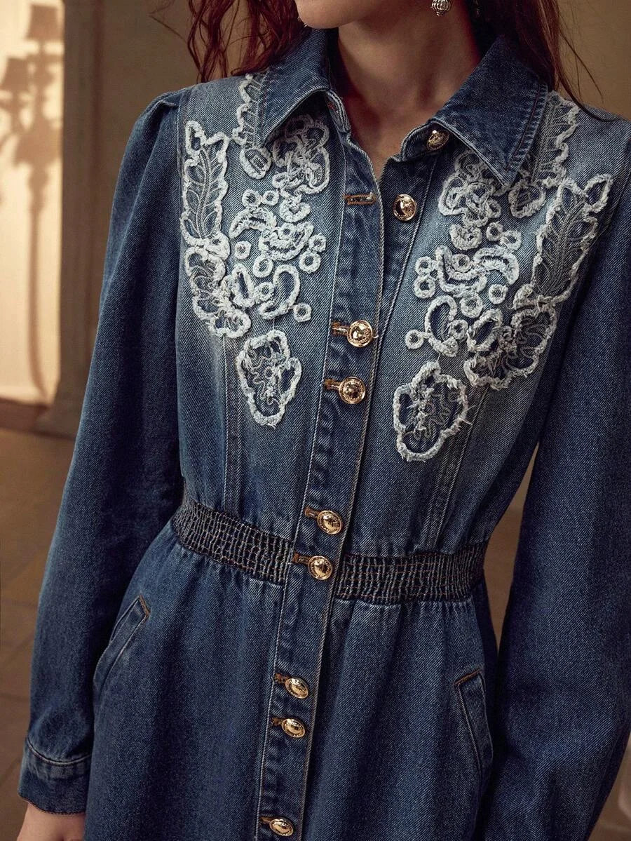 PREMIUM EMBROIDERY BUTTON UP SHIRRED WAIST DENIM SHIRT DRESS WITHOUT BELT FOR AUTUMN amp WINTER