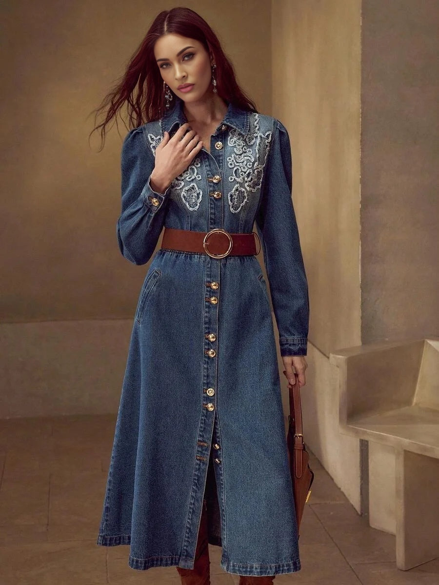 PREMIUM EMBROIDERY BUTTON UP SHIRRED WAIST DENIM SHIRT DRESS WITHOUT BELT FOR AUTUMN amp WINTER