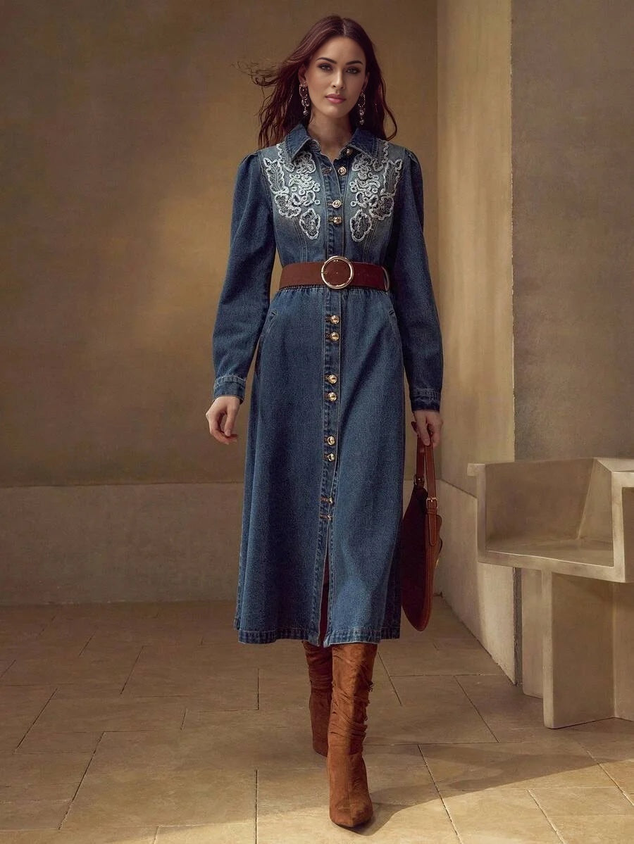PREMIUM EMBROIDERY BUTTON UP SHIRRED WAIST DENIM SHIRT DRESS WITHOUT BELT FOR AUTUMN amp WINTER