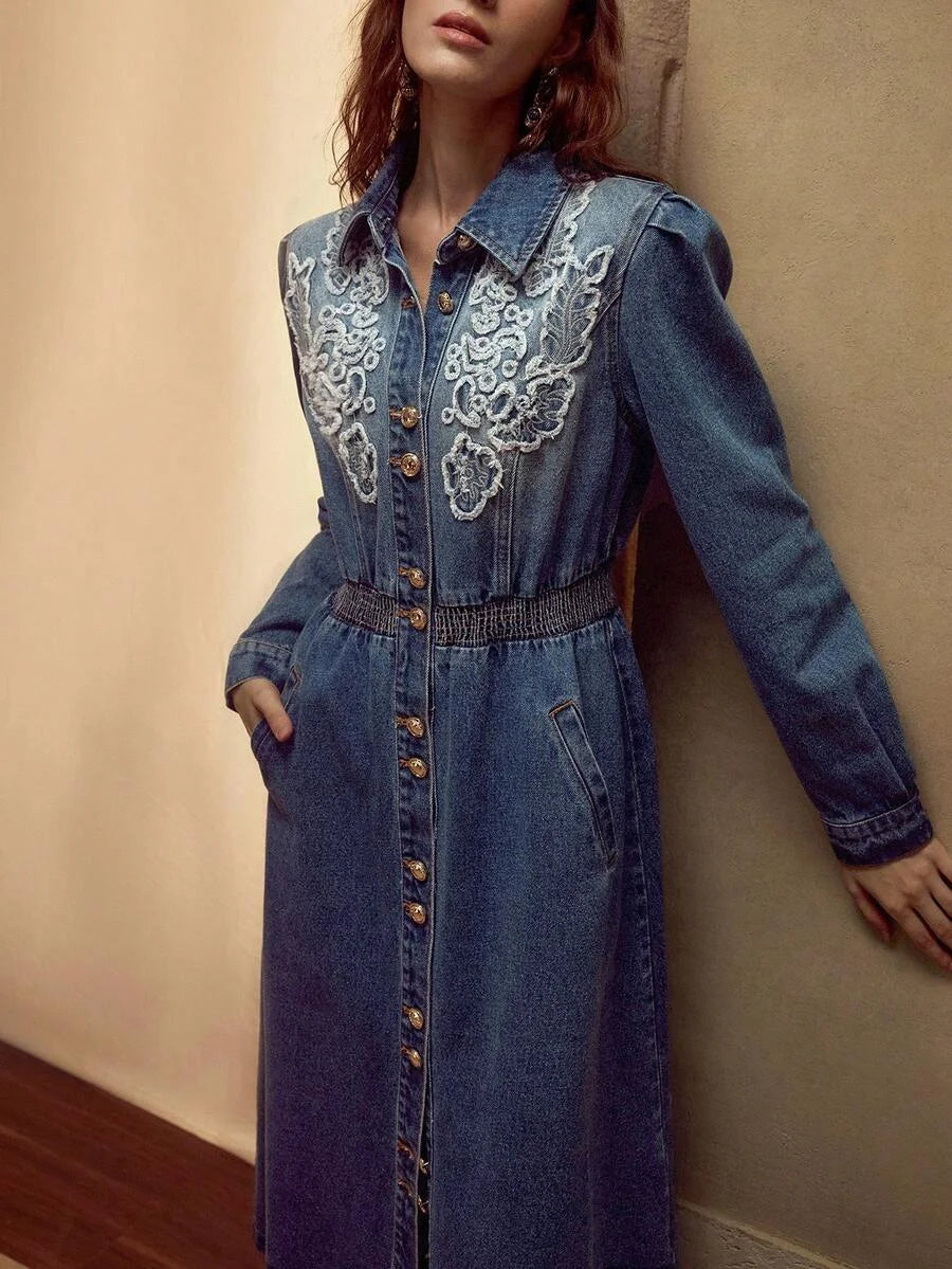 PREMIUM EMBROIDERY BUTTON UP SHIRRED WAIST DENIM SHIRT DRESS WITHOUT BELT FOR AUTUMN amp WINTER