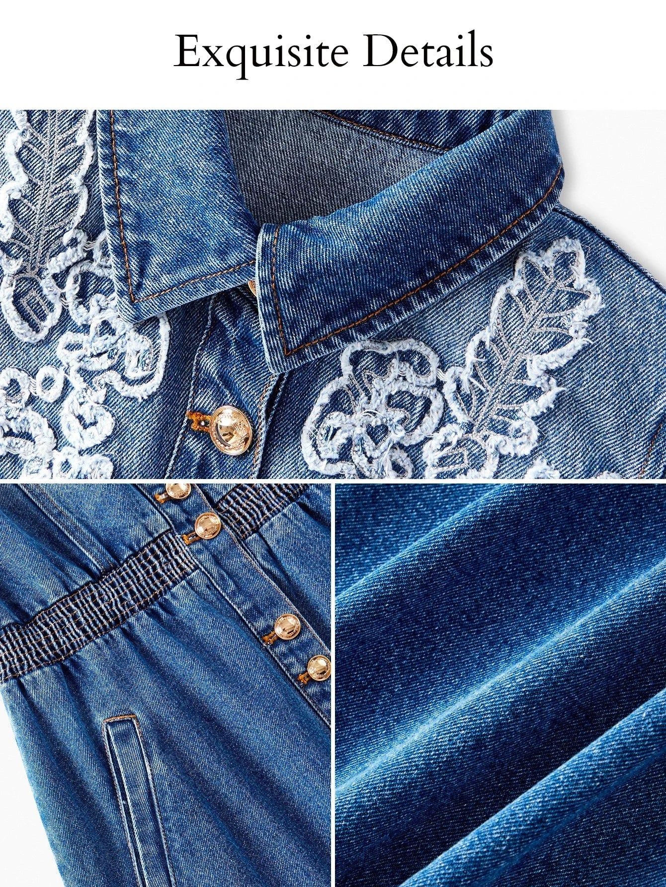PREMIUM EMBROIDERY BUTTON UP SHIRRED WAIST DENIM SHIRT DRESS WITHOUT BELT FOR AUTUMN amp WINTER