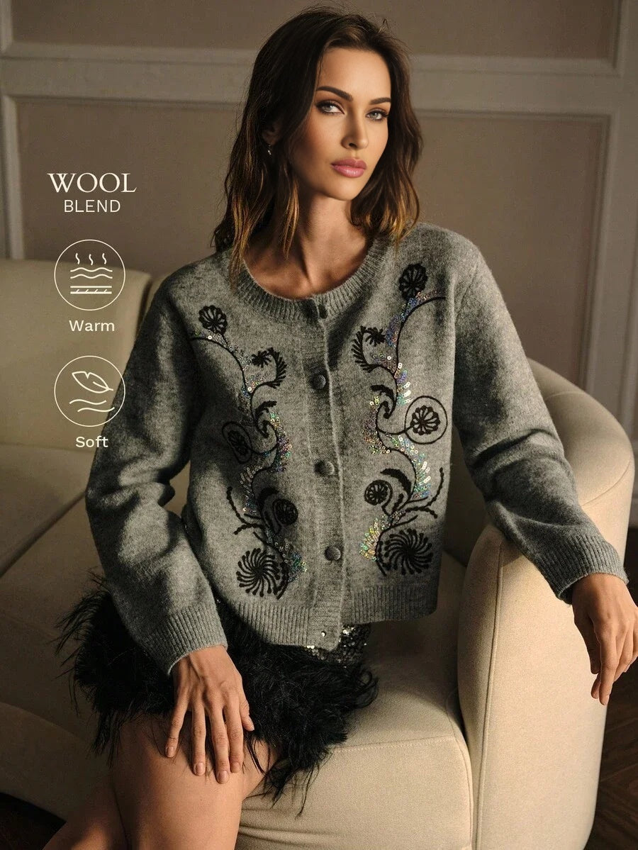 PREMIUM EMBROIDERY CONTRAST SEQUIN CARDIGAN