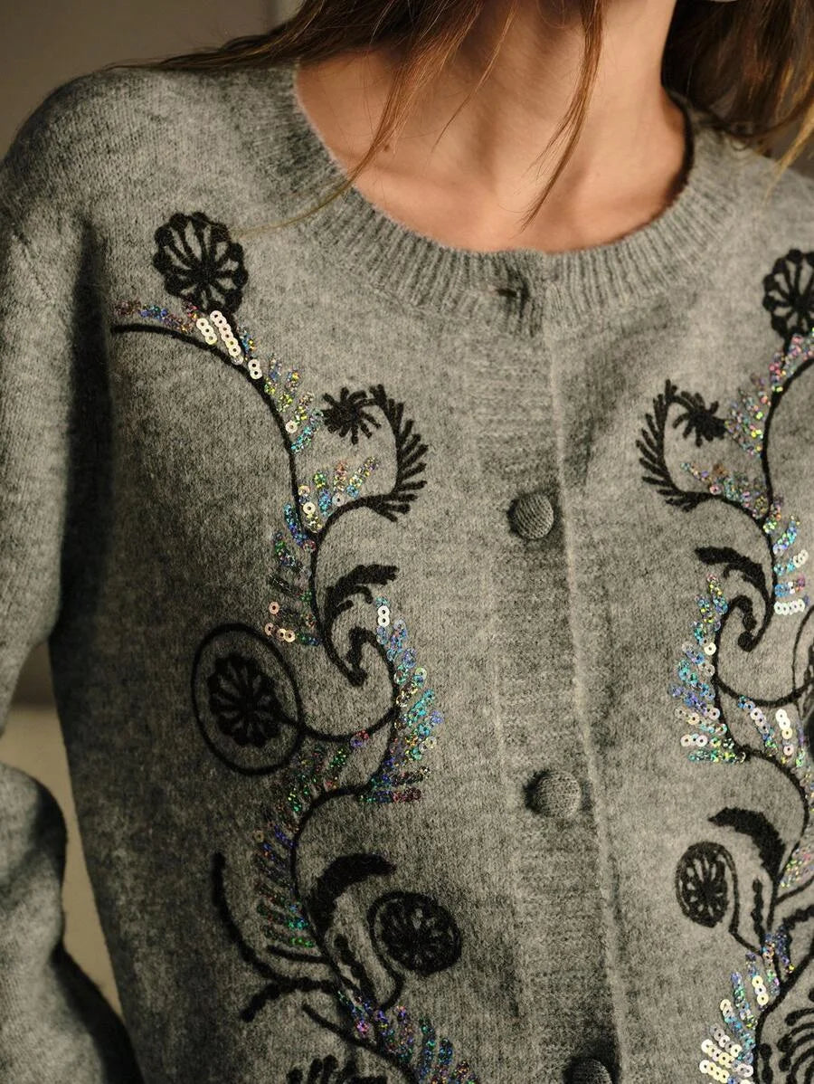 PREMIUM EMBROIDERY CONTRAST SEQUIN CARDIGAN
