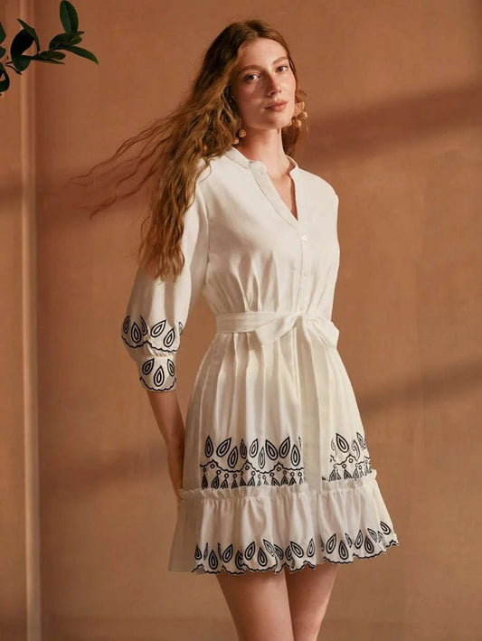 PREMIUM EMBROIDERY DETAIL RUFFLE HEM BELTED DRESS