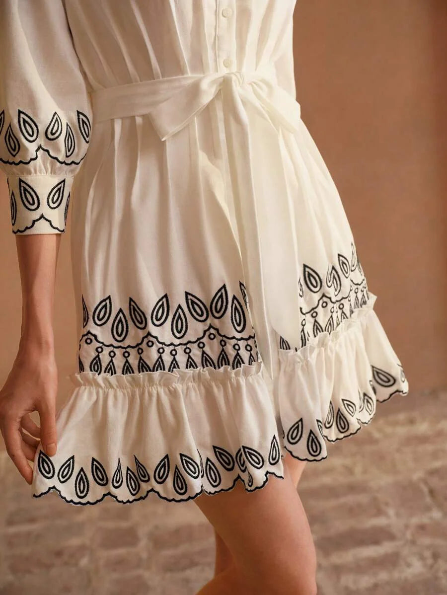 PREMIUM EMBROIDERY DETAIL RUFFLE HEM BELTED DRESS
