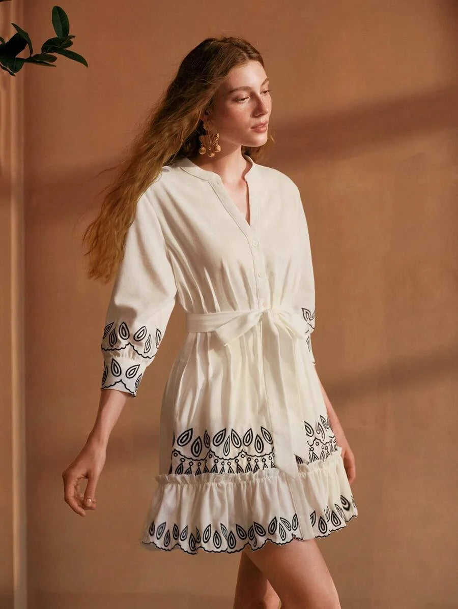 PREMIUM EMBROIDERY DETAIL RUFFLE HEM BELTED DRESS