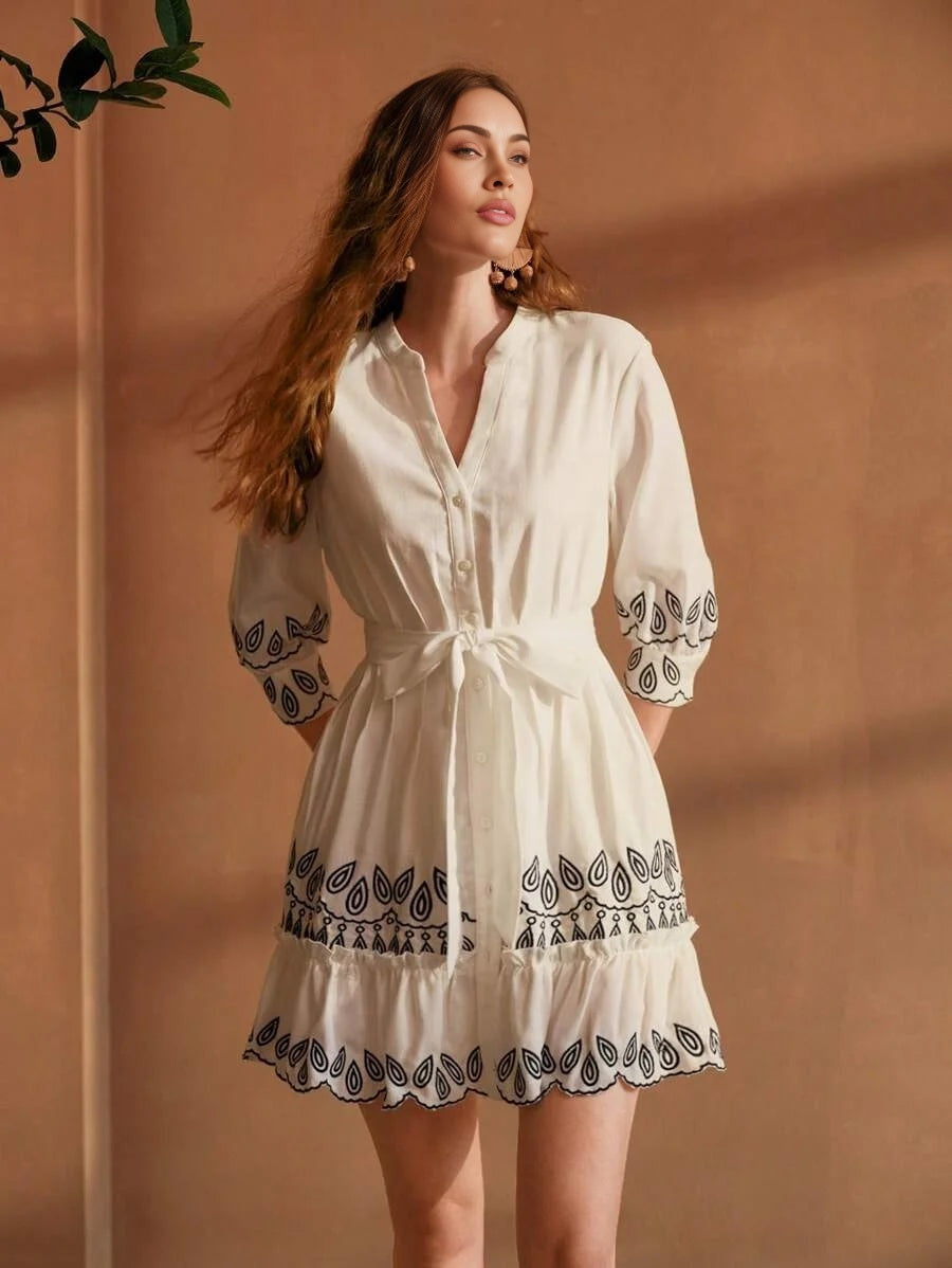 PREMIUM EMBROIDERY DETAIL RUFFLE HEM BELTED DRESS