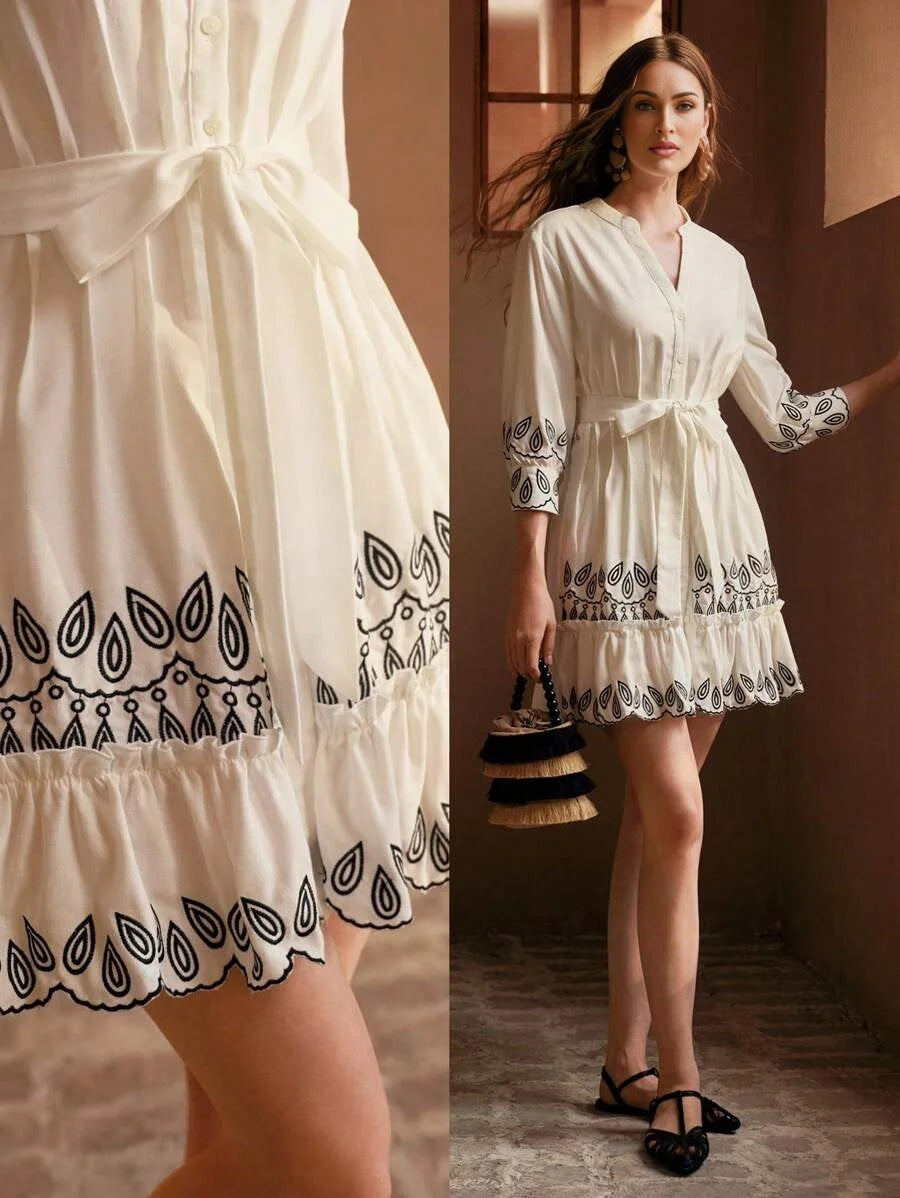 PREMIUM EMBROIDERY DETAIL RUFFLE HEM BELTED DRESS