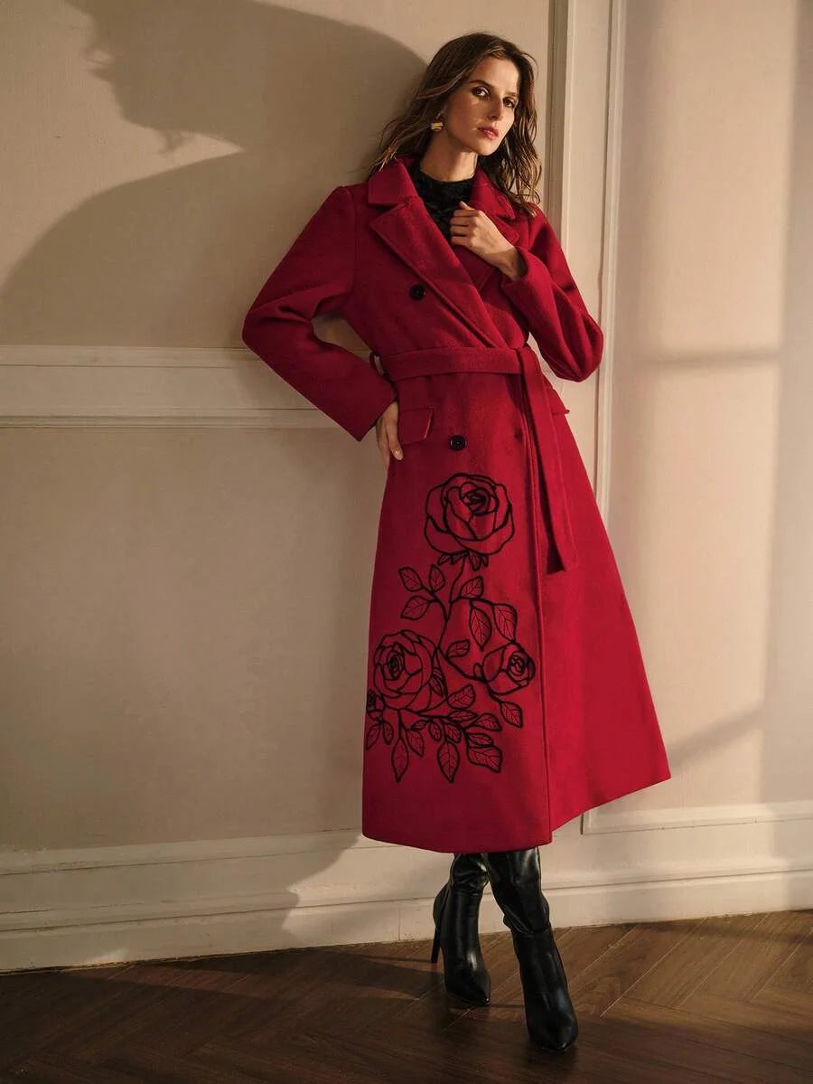 PREMIUM EMBROIDERY DOUBLE BREASTED BELTED OVERCOAT