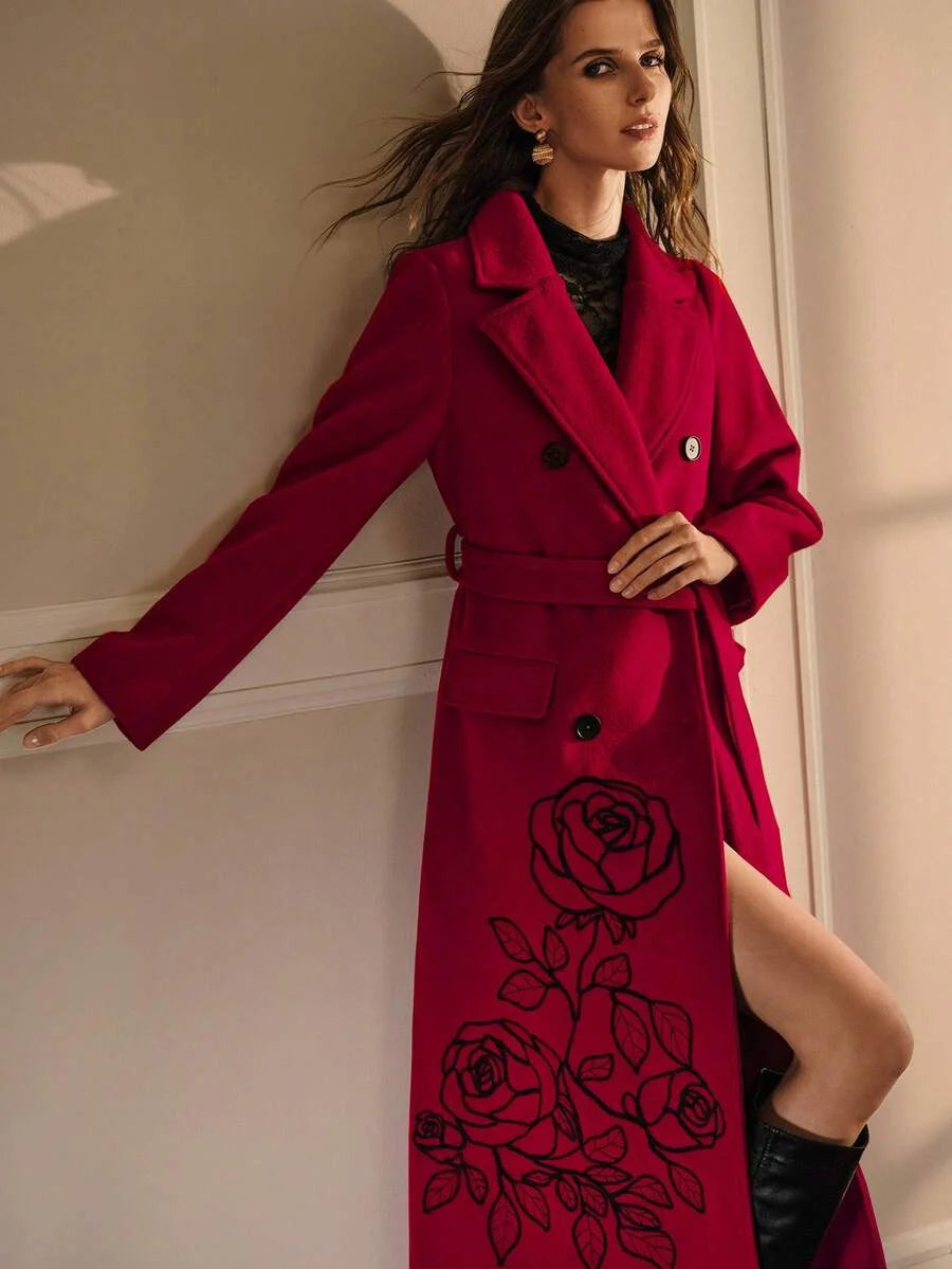 PREMIUM EMBROIDERY DOUBLE BREASTED BELTED OVERCOAT