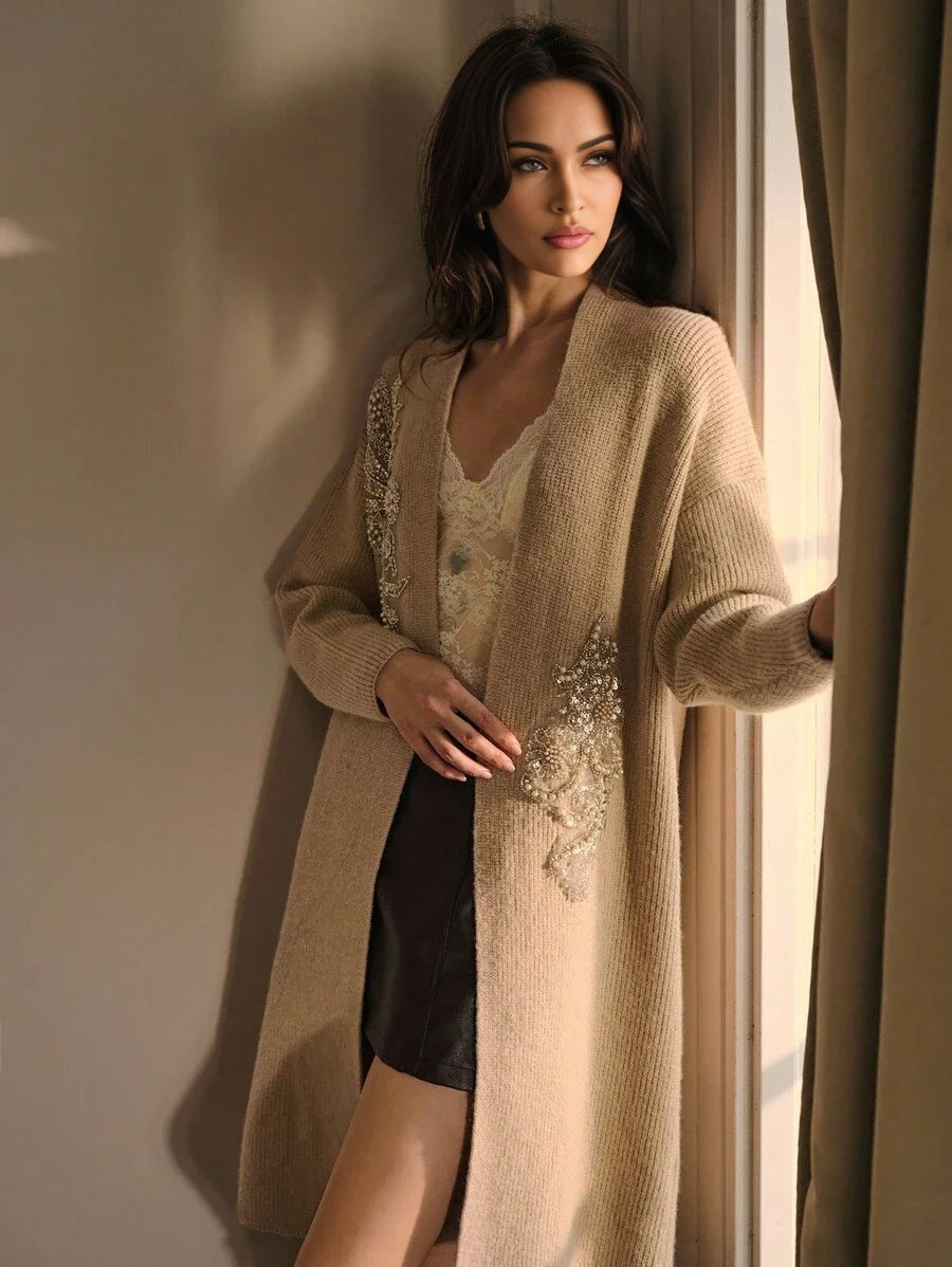 PREMIUM EMBROIDERY FAUX PEARL DETAIL CARDIGAN