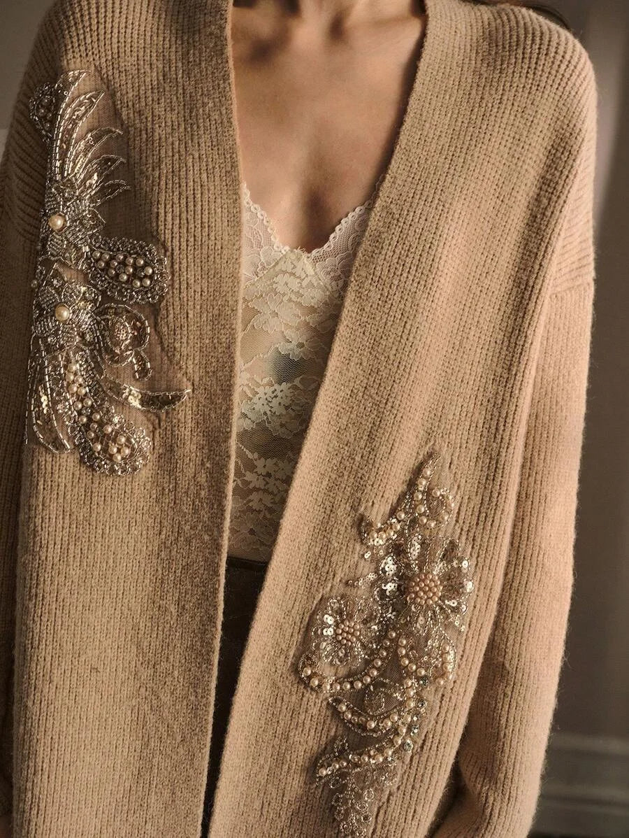 PREMIUM EMBROIDERY FAUX PEARL DETAIL CARDIGAN