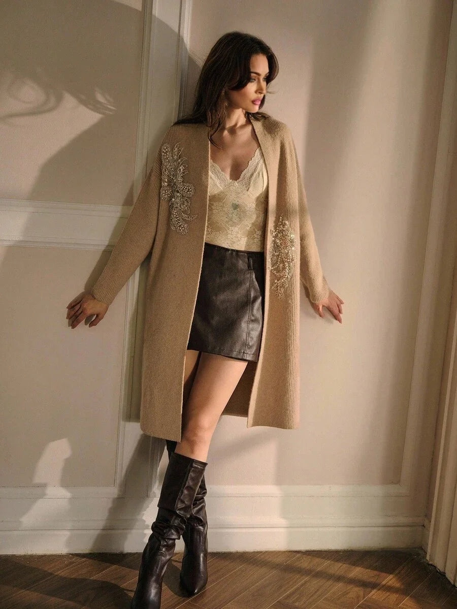 PREMIUM EMBROIDERY FAUX PEARL DETAIL CARDIGAN