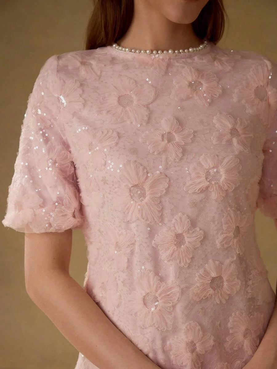 PREMIUM EMBROIDERY FAUX PEARL TRIM DRESS