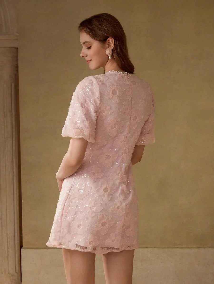 PREMIUM EMBROIDERY FAUX PEARL TRIM DRESS