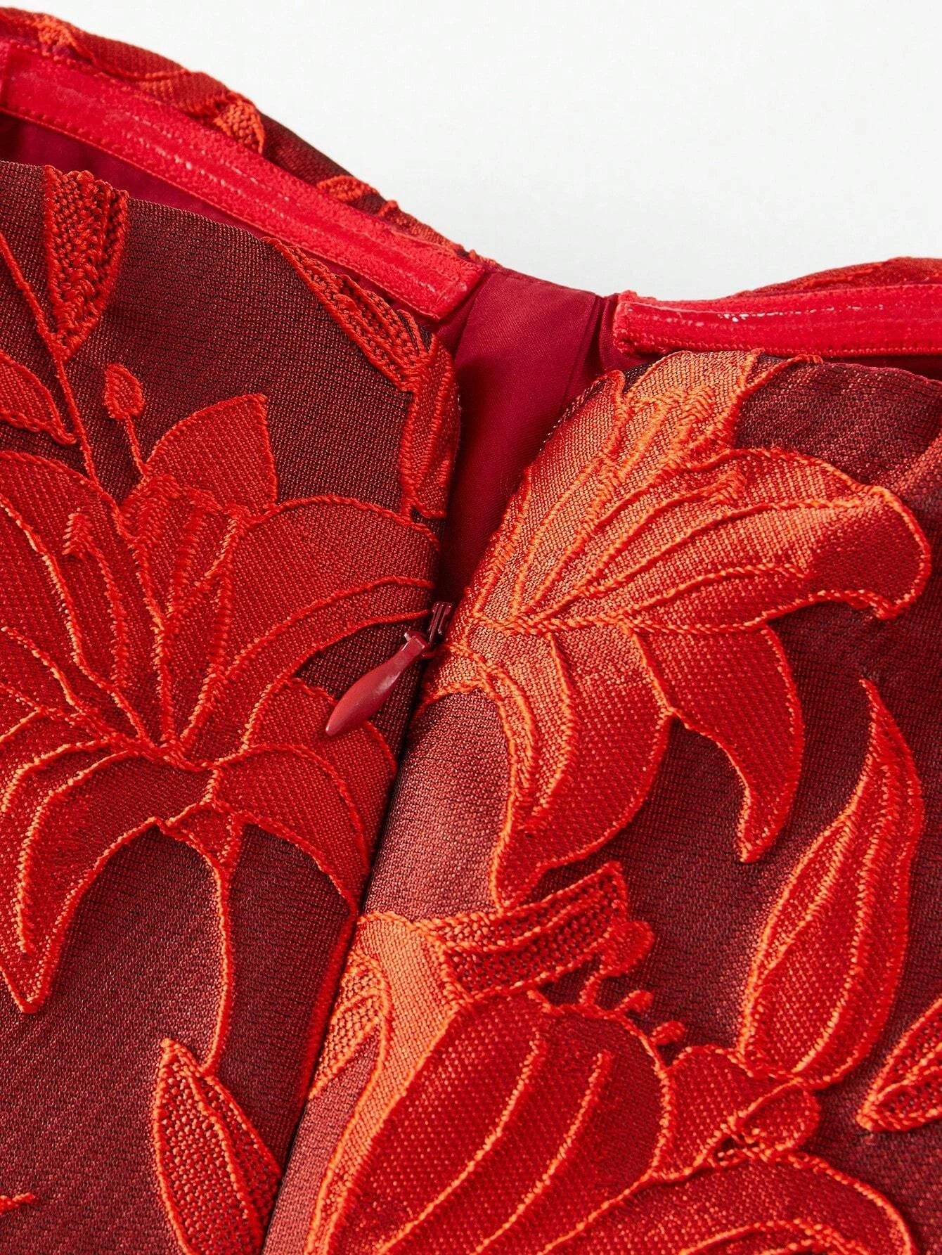 PREMIUM EMBROIDERY FLORAL PATTERN FLARE HEM BUSTIER TUBE LONG DRESS