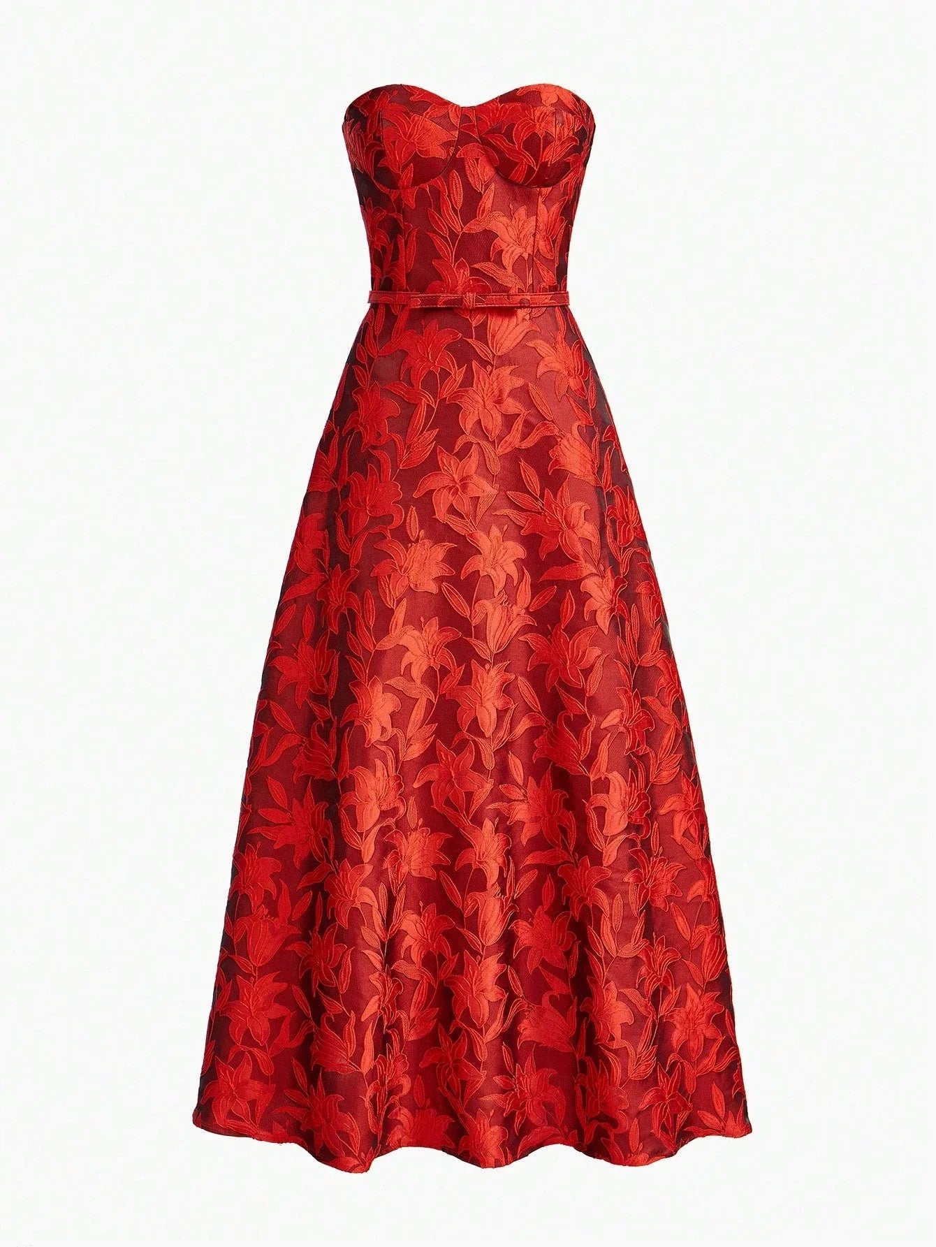 PREMIUM EMBROIDERY FLORAL PATTERN FLARE HEM BUSTIER TUBE LONG DRESS