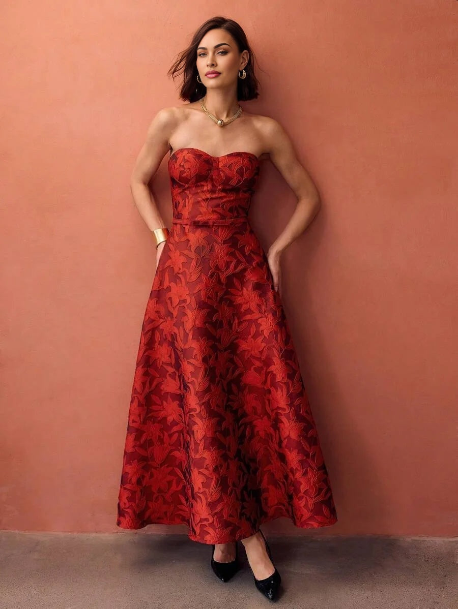 PREMIUM EMBROIDERY FLORAL PATTERN FLARE HEM BUSTIER TUBE LONG DRESS