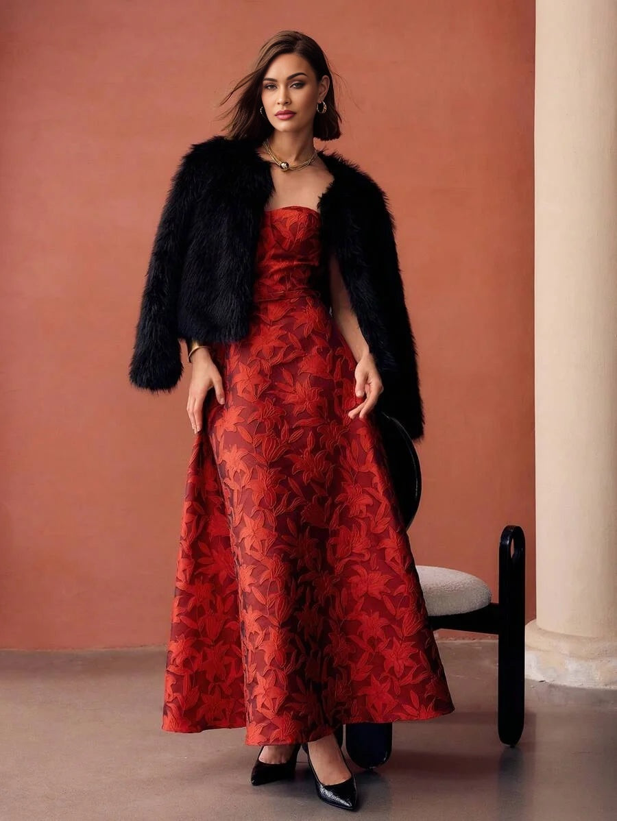 PREMIUM EMBROIDERY FLORAL PATTERN FLARE HEM BUSTIER TUBE LONG DRESS