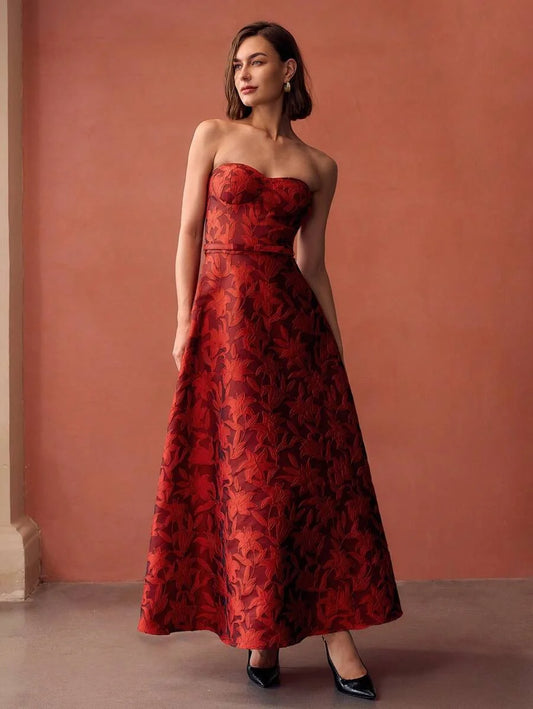 PREMIUM EMBROIDERY FLORAL PATTERN FLARE HEM BUSTIER TUBE LONG DRESS