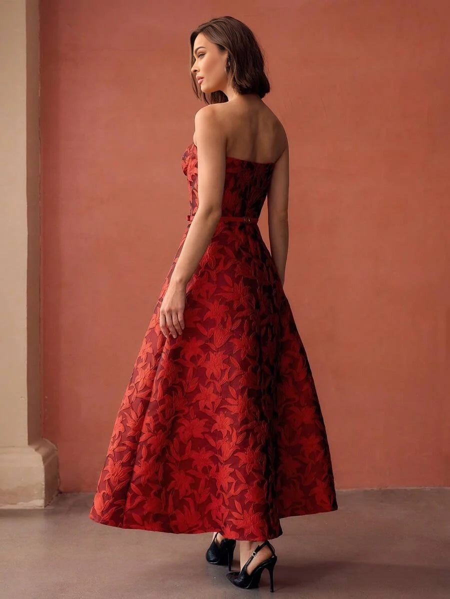 PREMIUM EMBROIDERY FLORAL PATTERN FLARE HEM BUSTIER TUBE LONG DRESS