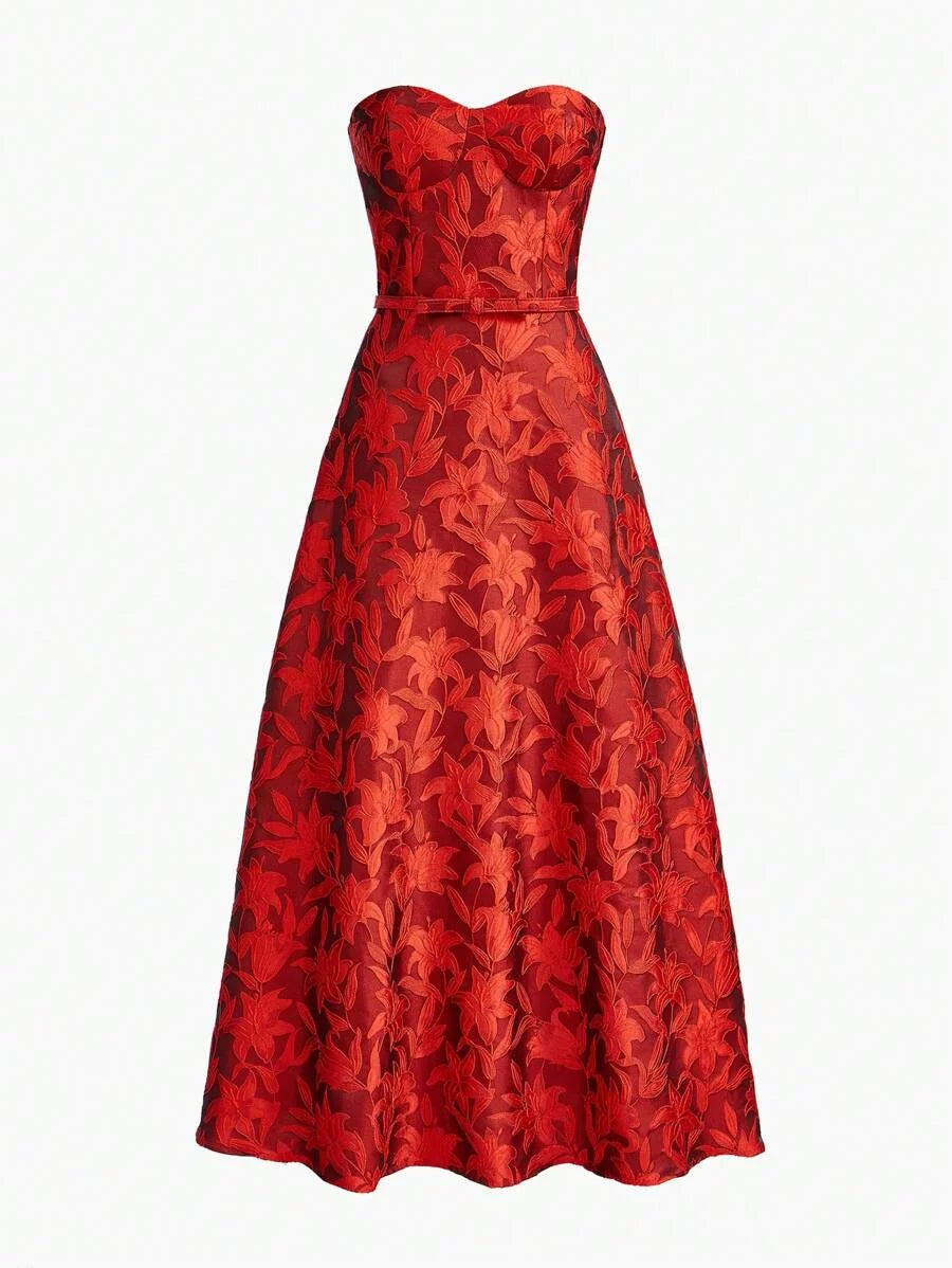 PREMIUM EMBROIDERY FLORAL PATTERN FLARE HEM BUSTIER TUBE LONG DRESS