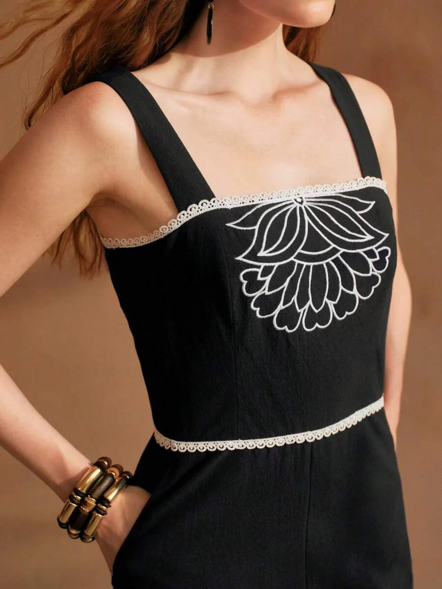 PREMIUM EMBROIDERY FLORAL ZIPPER JUMPSUIT