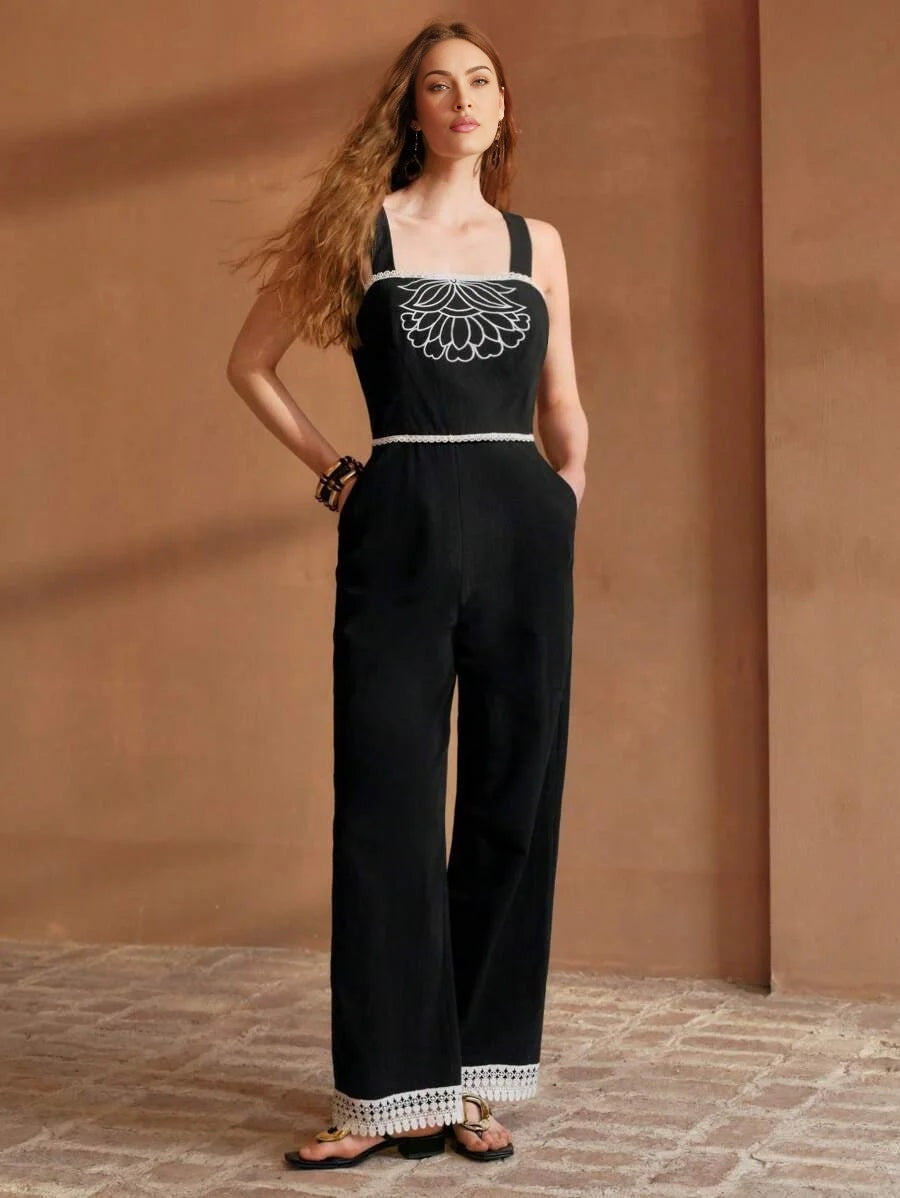 PREMIUM EMBROIDERY FLORAL ZIPPER JUMPSUIT