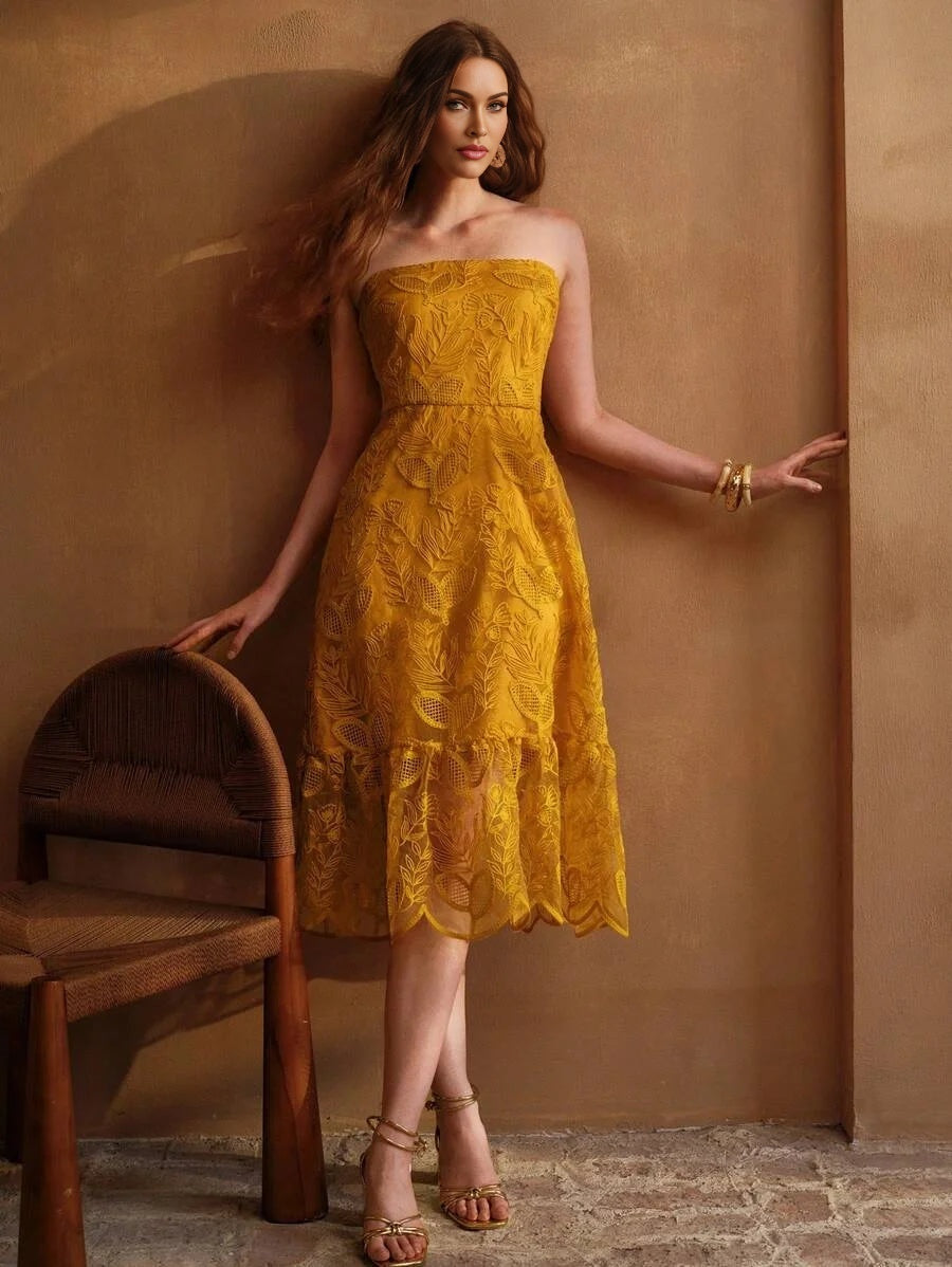 PREMIUM EMBROIDERY MESH RUFFLE HEM DRESS