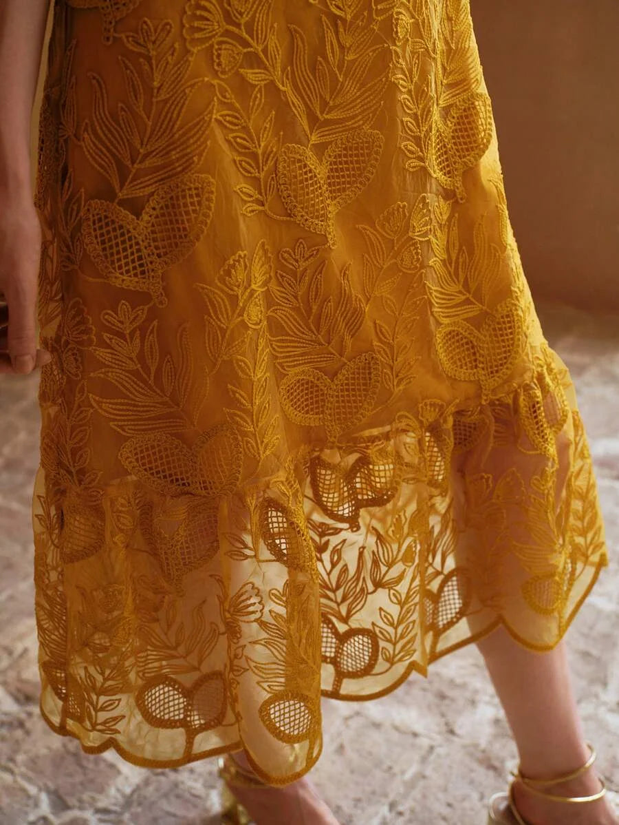 PREMIUM EMBROIDERY MESH RUFFLE HEM DRESS