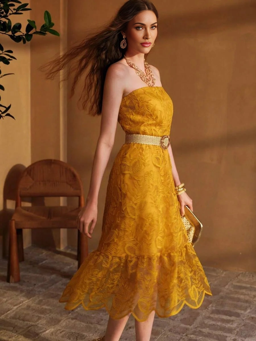 PREMIUM EMBROIDERY MESH RUFFLE HEM DRESS