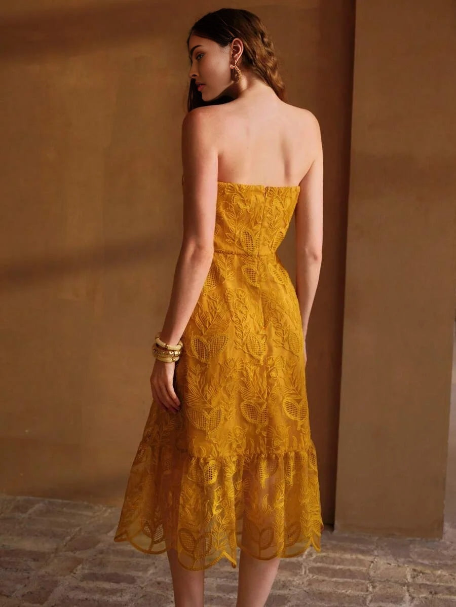 PREMIUM EMBROIDERY MESH RUFFLE HEM DRESS